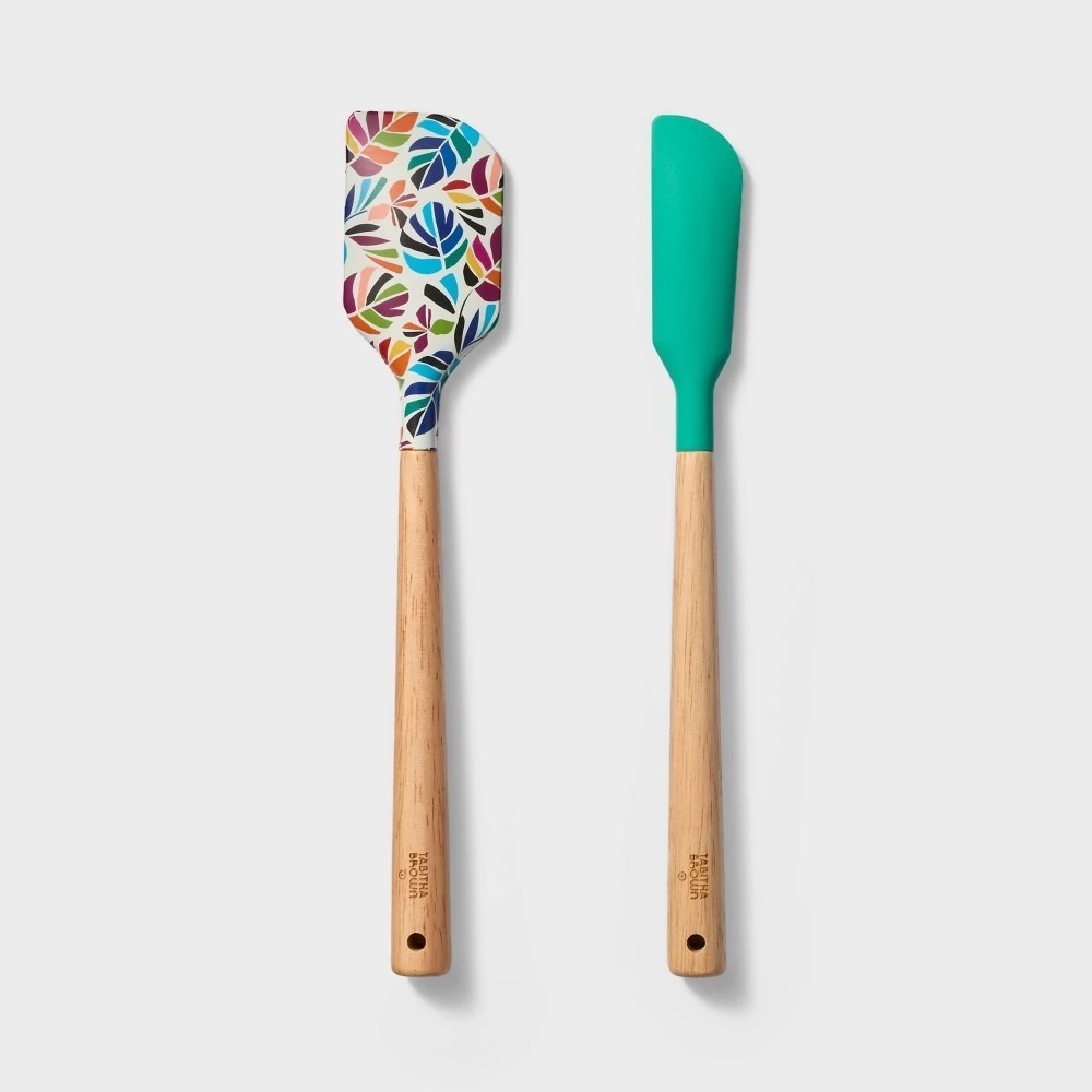 Tabitha Brown for Target Mini Silicone Spatula Set 2pc Teal Leaf Print Wood New